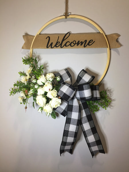 Welcome White Roses Wreath - (multiple bow options)