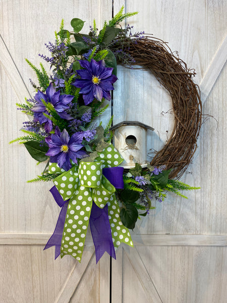 Grapevine Wreath - Purple Clematis and Birdhouse