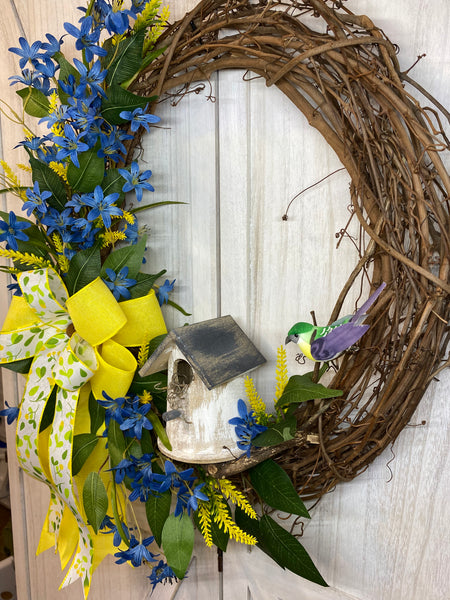 Grapevine Wreath - Blue Delphinium and Birdhouse