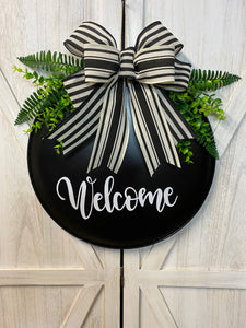 Welcome or Hello Door Hanger - Round Metal (color & bow options)