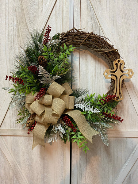 Pine & Berry Wreath with Cross