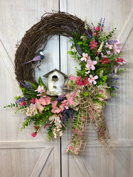 Grapevine Wreath - Pink Wisteria and Birdhouse