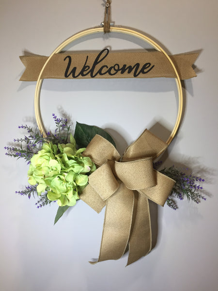 Welcome Green Hydrangea Wreath - (multiple bow options)