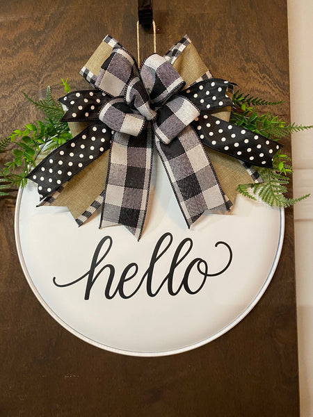 Welcome or Hello Door Hanger - Round Metal (color & bow options)