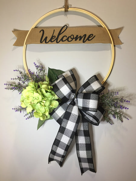 Welcome Green Hydrangea Wreath - (multiple bow options)