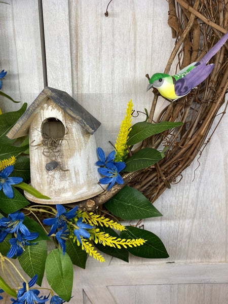 Grapevine Wreath - Blue Delphinium and Birdhouse