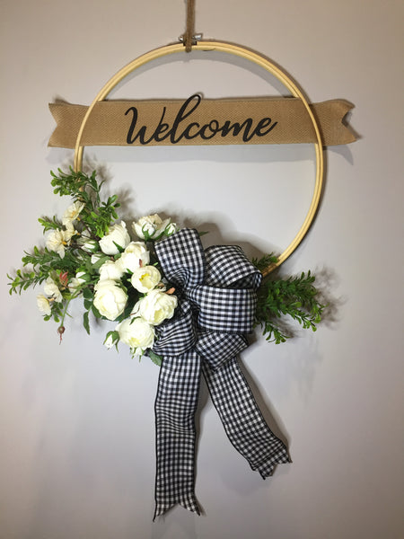 Welcome White Roses Wreath - (multiple bow options)