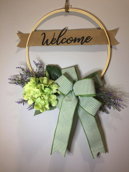 Welcome Green Hydrangea Wreath - (multiple bow options)