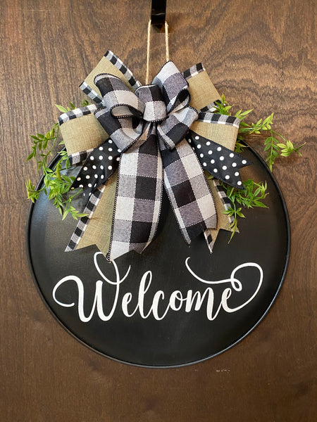 Welcome or Hello Door Hanger - Round Metal (color & bow options)