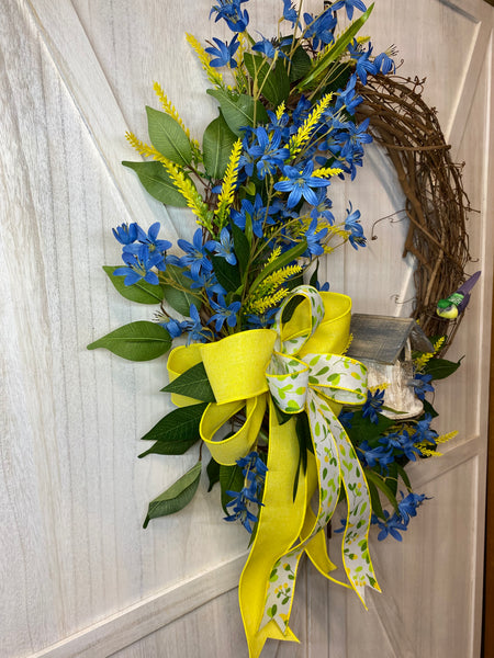 Grapevine Wreath - Blue Delphinium and Birdhouse