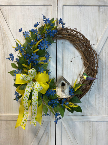 Grapevine Wreath - Blue Delphinium and Birdhouse