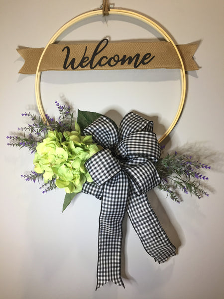 Welcome Green Hydrangea Wreath - (multiple bow options)