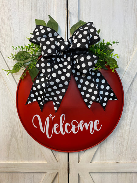 Welcome or Hello Door Hanger - Round Metal (color & bow options)