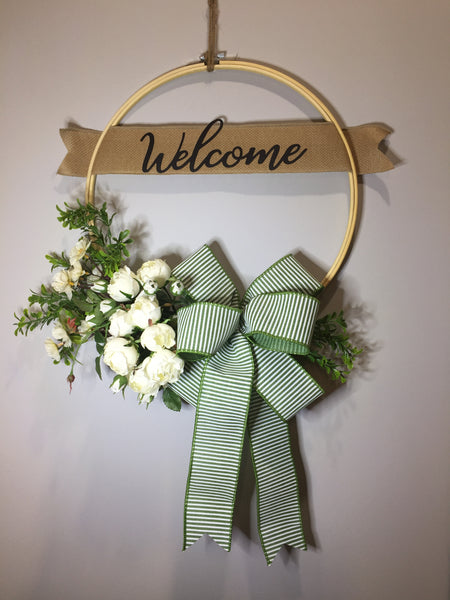 Welcome White Roses Wreath - (multiple bow options)