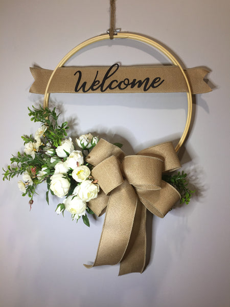 Welcome White Roses Wreath - (multiple bow options)