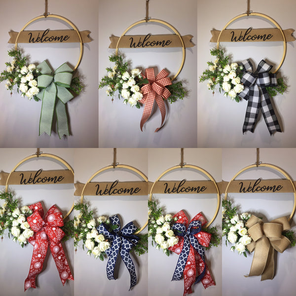 Welcome White Roses Wreath - (multiple bow options)