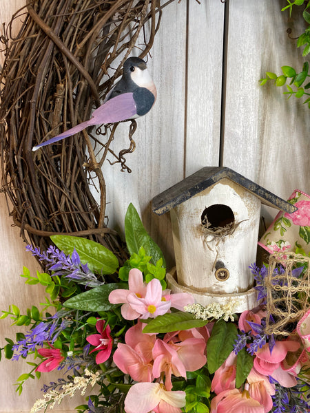 Grapevine Wreath - Pink Wisteria and Birdhouse